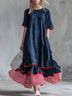 Navy Casual Patchwork Red Striped Short-sleeved Dress