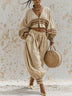 Apricot V-neck lantern-sleeve striped print loose-fit matching set