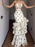 Elegant white polka dot cutout strapless maxi dress