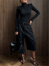 Premium black high-neck top and mid-length trousers set (belt included)