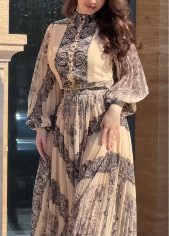 Ethnic-style printed high-neck button-down maxi dress (including belt)