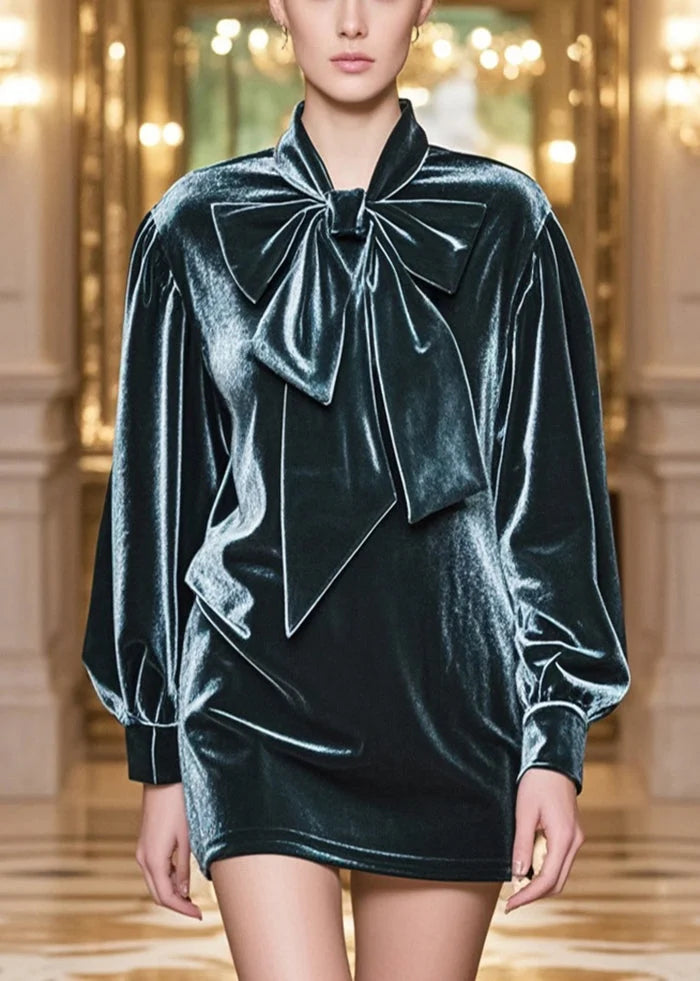 Simple peacock blue bow-neck velvet mini dress