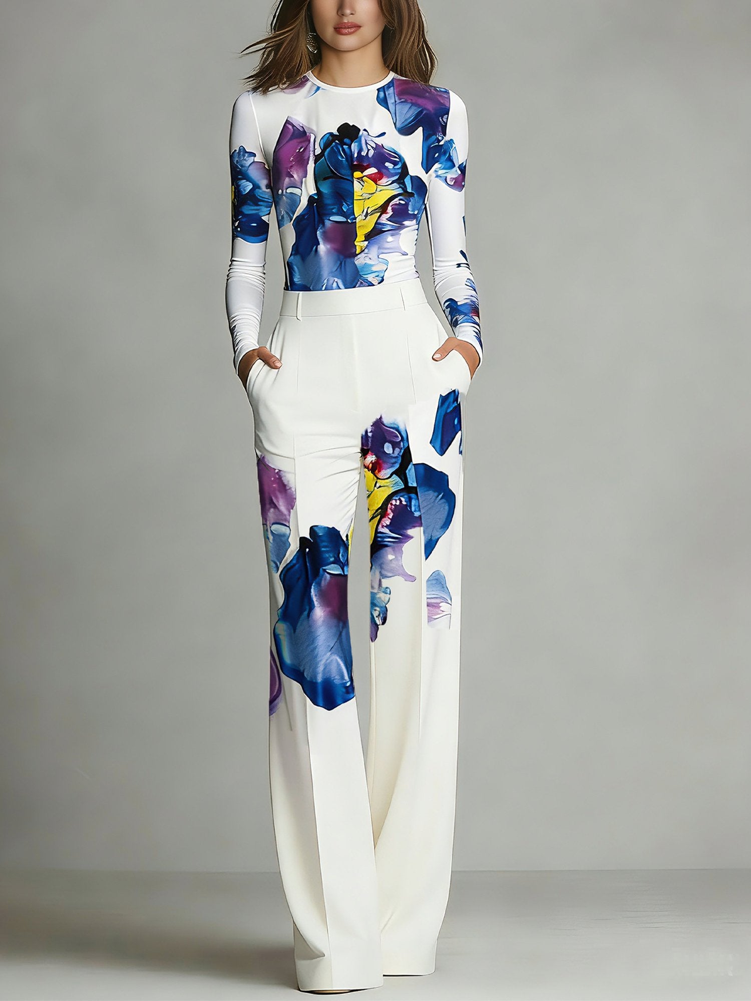 Color-blocked partial print crew neck top and trousers set