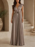 Taupe V-Neck Pleated Satin Maxi Dress With Rosette Waist