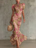 Vintage Rose Print Maxi Dress With Puff Sleeves（Accessories not included）