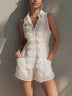 White Cotton Linen Sleeveless Romper With 3D Floral