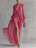 Elegant Rose Pink Chiffon V-neck Tie-waist Long Dress