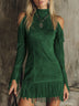 Brown High-neck Off-shoulder Tassel Faux Suede Long-sleeved Mini Dress