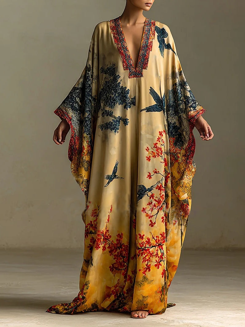 Red Maple Blossom & Bird Art Print Batwing Sleeve Robe Dress