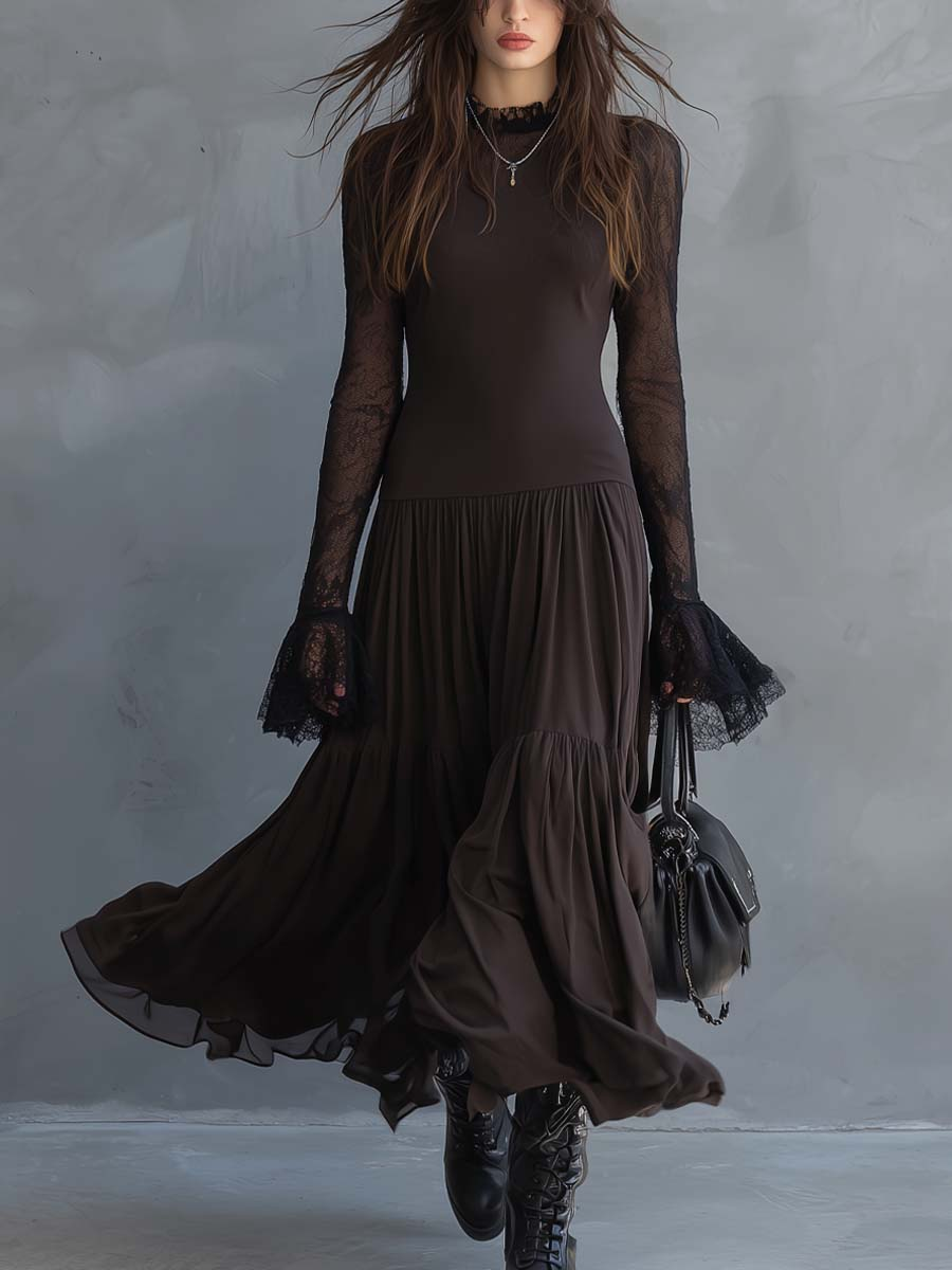 Dark Brown Lace-sleeved Sheer Hem Flared Cuffs Maxi Dress