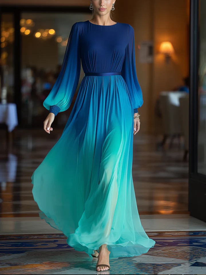 Blue-green Gradient Printed Chiffon Maxi Dress