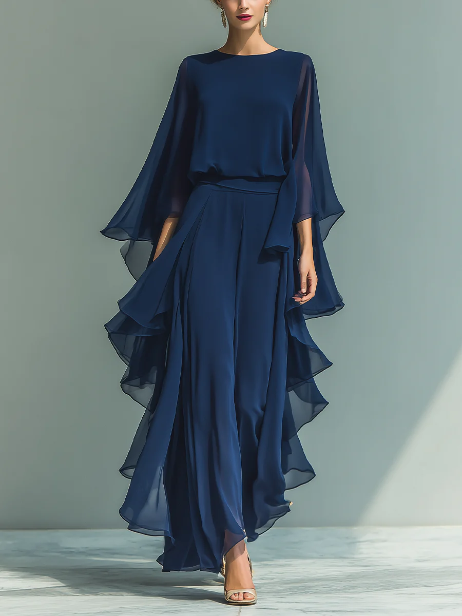 Navy Chiffon Bell-sleeve Top And Ruffled Straight-leg Pants Set – LAVECHIC