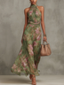 Green Floral Chiffon Halter Maxi Dress