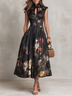 Black Keyhole Collar Floral Pleated Satin Midi Dress