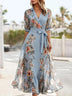 Floral Print V-Neck Short Sleeve Bow Waist Midi Dress