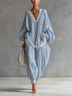 Blue Striped Lace-trimmed Loose Two-piece Set