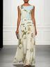 Blue And White Floral Ruffled Boat Neck Sleeveless Maxi Dress