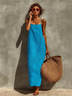Red Faux Linen Suspender Square Neck Maxi Dress