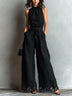 Black Faux Cotton-linen Halter Neck Vest With Tie-up Lace-trimmed Wide-leg Pants Set