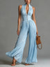 Blue V-neck Sleeveless Zip-up Pleated Wide-leg Chiffon Jumpsuit