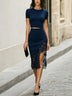 Navy Blue Short-sleeved Top And Lace Skirt Set