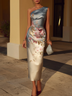 One-shoulder Satin Floral Print Midi Dress