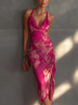Fuchsia Floral Print Sleeveless Ruched Side Split Bodycon Dress