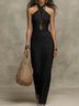 Soft Drape Halter Column Faux Linen Halter Maxi Dress