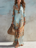 Vacation Blue Floral Print Shirt Maxi Dress
