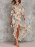 Beige Turtleneck Oil Painting Floral Print Irregular Chiffon Maxi Dress