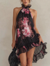 Black Chiffon Floral Halter-neck Mini Dress
