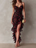 Chic Black And Red Floral Ruched Ruffle Hem Dress