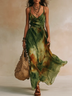 Green Abstract Print Halter Neckline Spaghetti Strap Tie-up Maxi Dress