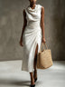 White Draped Cowl Neck Midi Dress With Side Slit