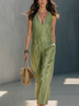 Green Faux Linen V-neck Sleeveless Jumpsuit