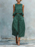 Solid Color Faux Linen Ruffled Wide-leg Capri Pants Suit