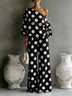 Retro Black White Polka Dot Off-shoulder Top And Wide-leg Pants Two-piece Set
