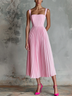 Pink Square Neck Pleated Chiffon A-line Midi Dress