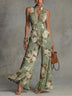 Retro Green Floral Sleeveless Zippered Pleated Wide-leg Chiffon Jumpsuit