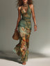 Green Oil Painting Floral Print Slim-Fit Mesh Maxi Dress