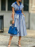 Elegant Blue And White Striped Belted Midi Dress