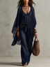Navy Blue Bohemian Leopard Print Flowy Robe Three-Piece Set