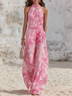 Pink Floral Halter Neck Chiffon Wide-leg Jumpsuit
