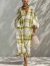Green Plaid Chiffon Loose-fitting Kaftan Maxi Dress