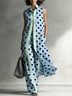 Sky Blue Dleeveless Polka Dot Long Shirt And Wide-leg Pants Suit