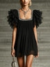 Black Pearl-trimmed Square Neck ruffle Chiffon Mini Dress