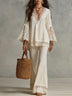 Bohemian Lace-trimmed Top And Flared Wide-leg Pants Two-piece Set