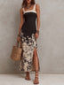 Black And Beige Floral Print Wide-shoulder Square Neck Maxi Dress