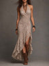 Bohemian Oatmeal-colored Lace Halter V-neck Irregular Maxi Dress