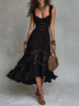 Black Chiffon Pleated Lace Trim A-line Midi Dress